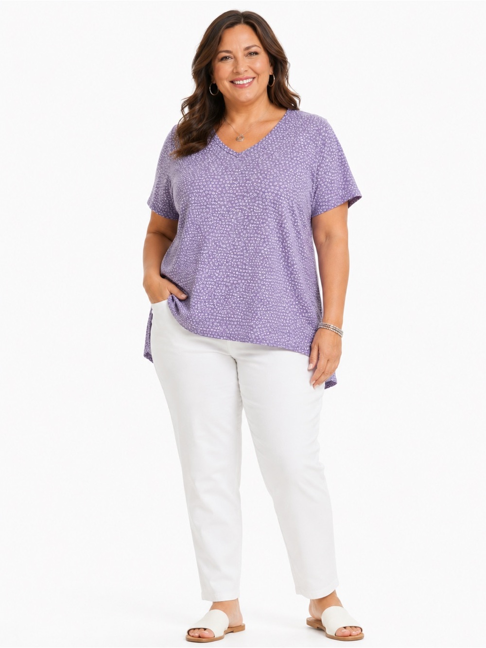 Chico’s Lavender Dot Print V-Neck High Low Hem Knit Tee Top Size 3 (XL)